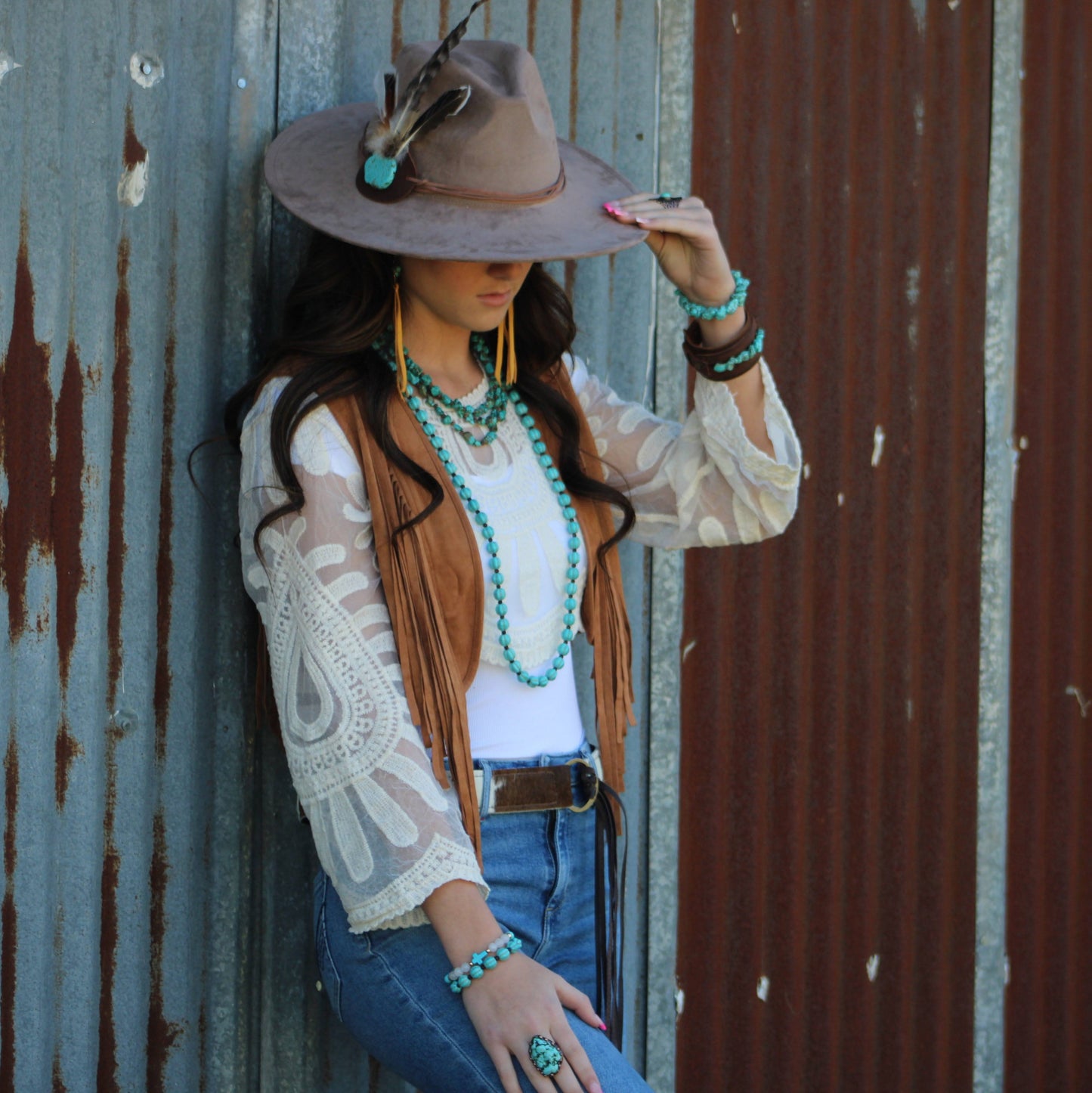 Genuine Leather Wide Cuff with Blue Turquoise Chunks 001z
