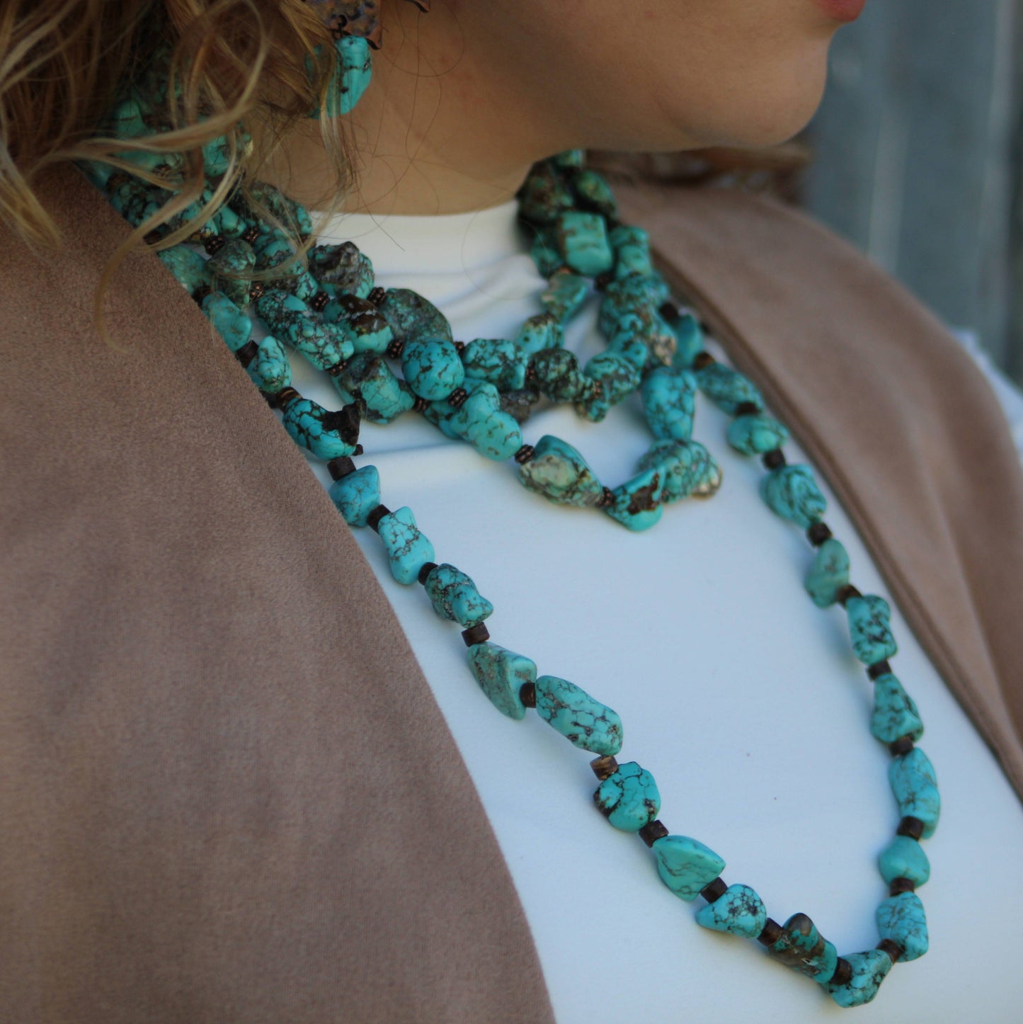 Large Triple Strand Blue Turquoise & Copper Collar Necklace 259d