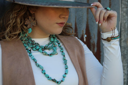 Large Triple Strand Blue Turquoise & Copper Collar Necklace 259d