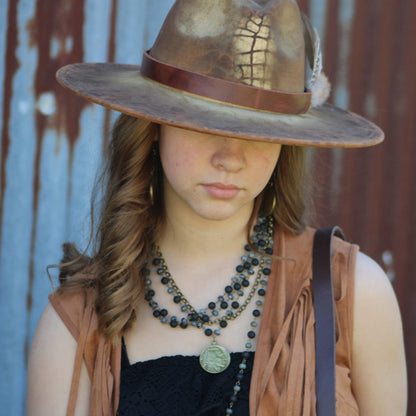 Labradorite Triple Strand Collar Necklace w/ Indian Coin 252q