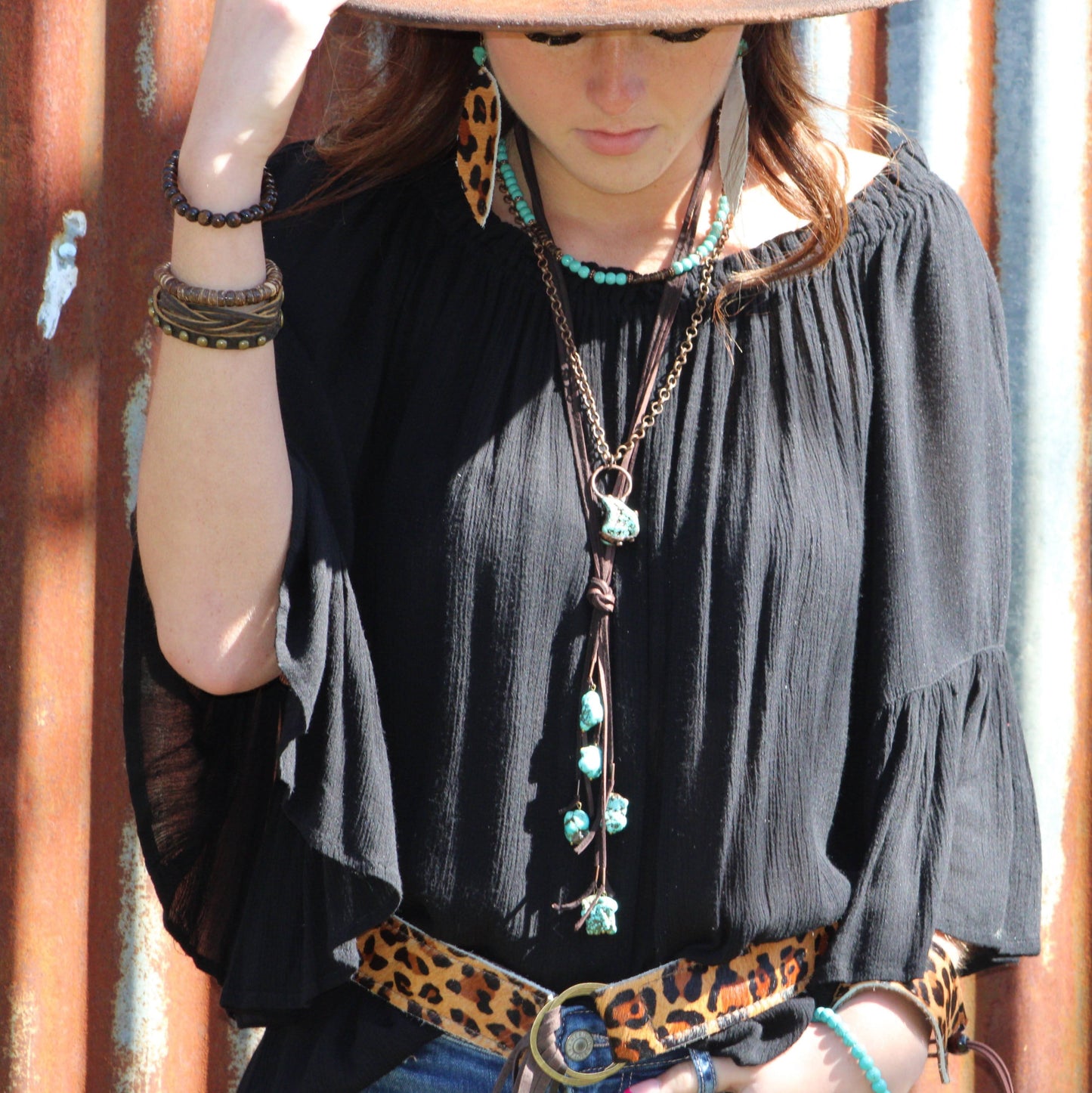 Blue Turquoise, Wood and Copper Beads Collar Necklace 230g