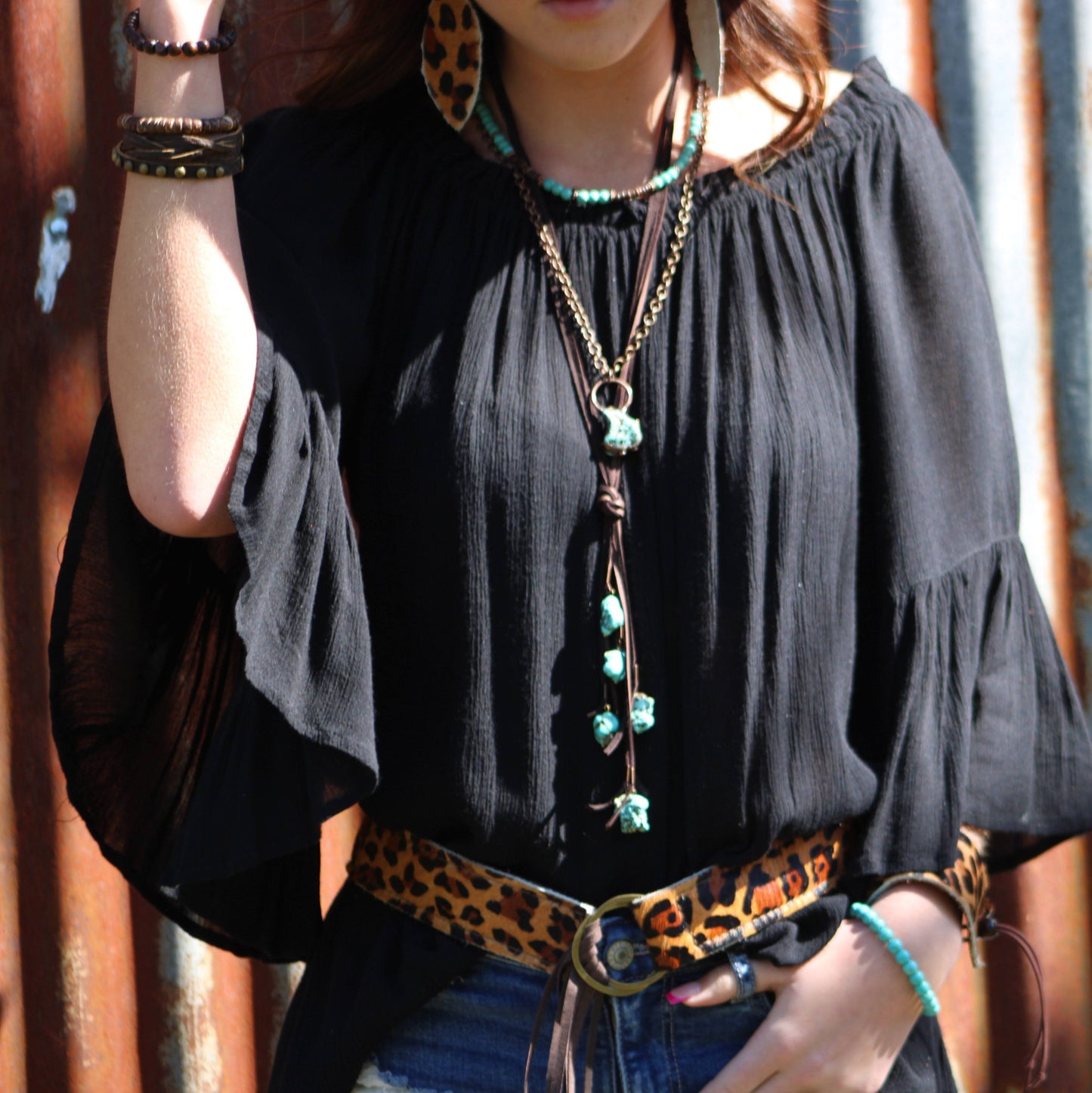 Blue Turquoise, Wood and Copper Beads Collar Necklace 230g