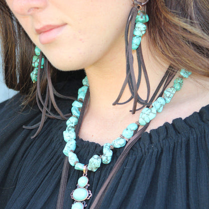 Brown Leather Fringe Earrings with Turquoise Chunks 218p