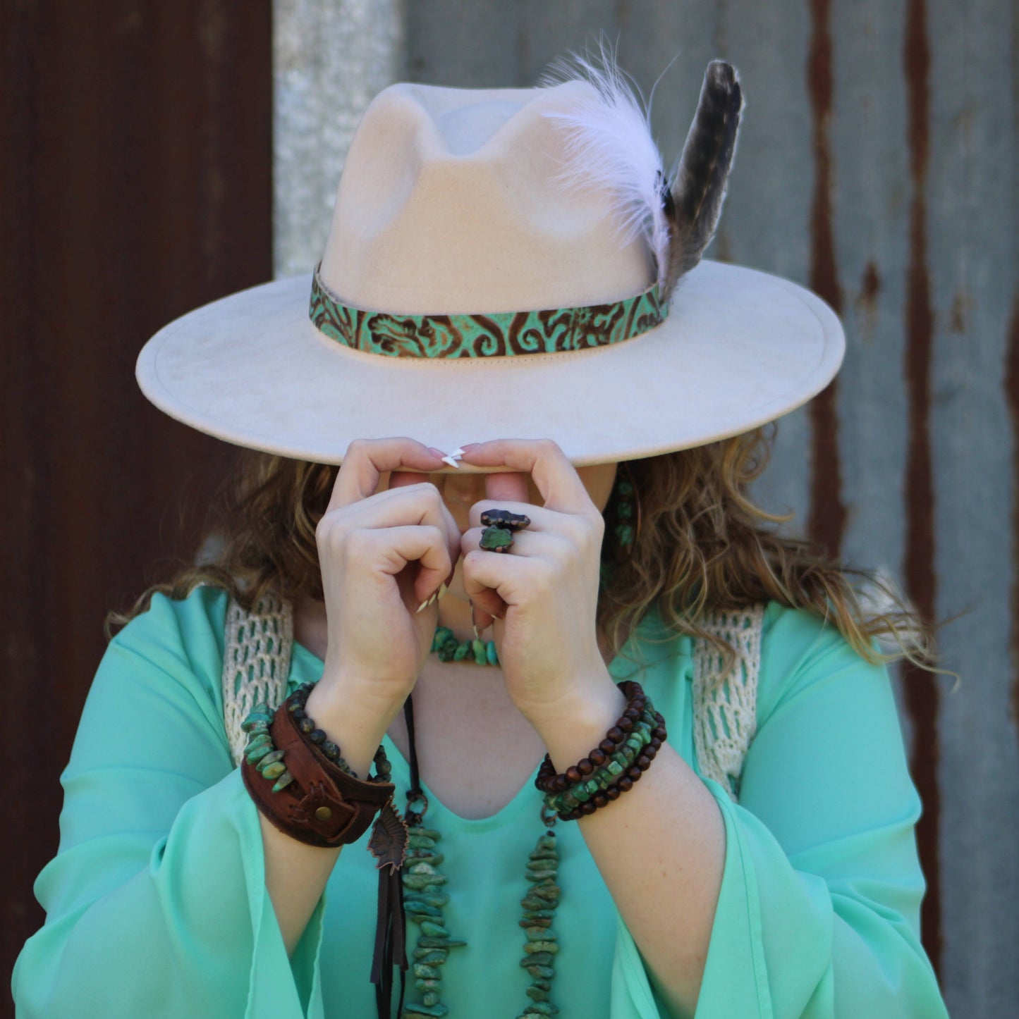 Genuine Leather Wide Cuff Bracelet w/ Large Natural Turquoise Chunks 007u
