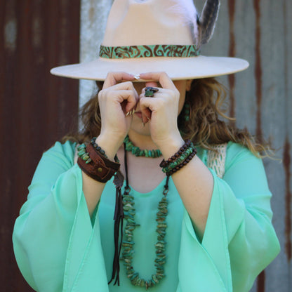 Natural Turquoise Necklace with Side-Tie Vegan Leather Tassel 245c
