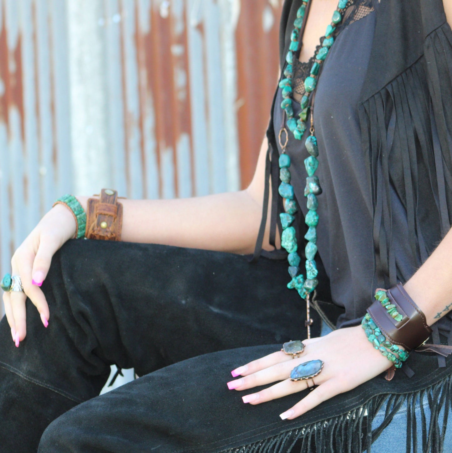 **Wide Dark Leather Cuff with Natural Turquoise Chunks 011y