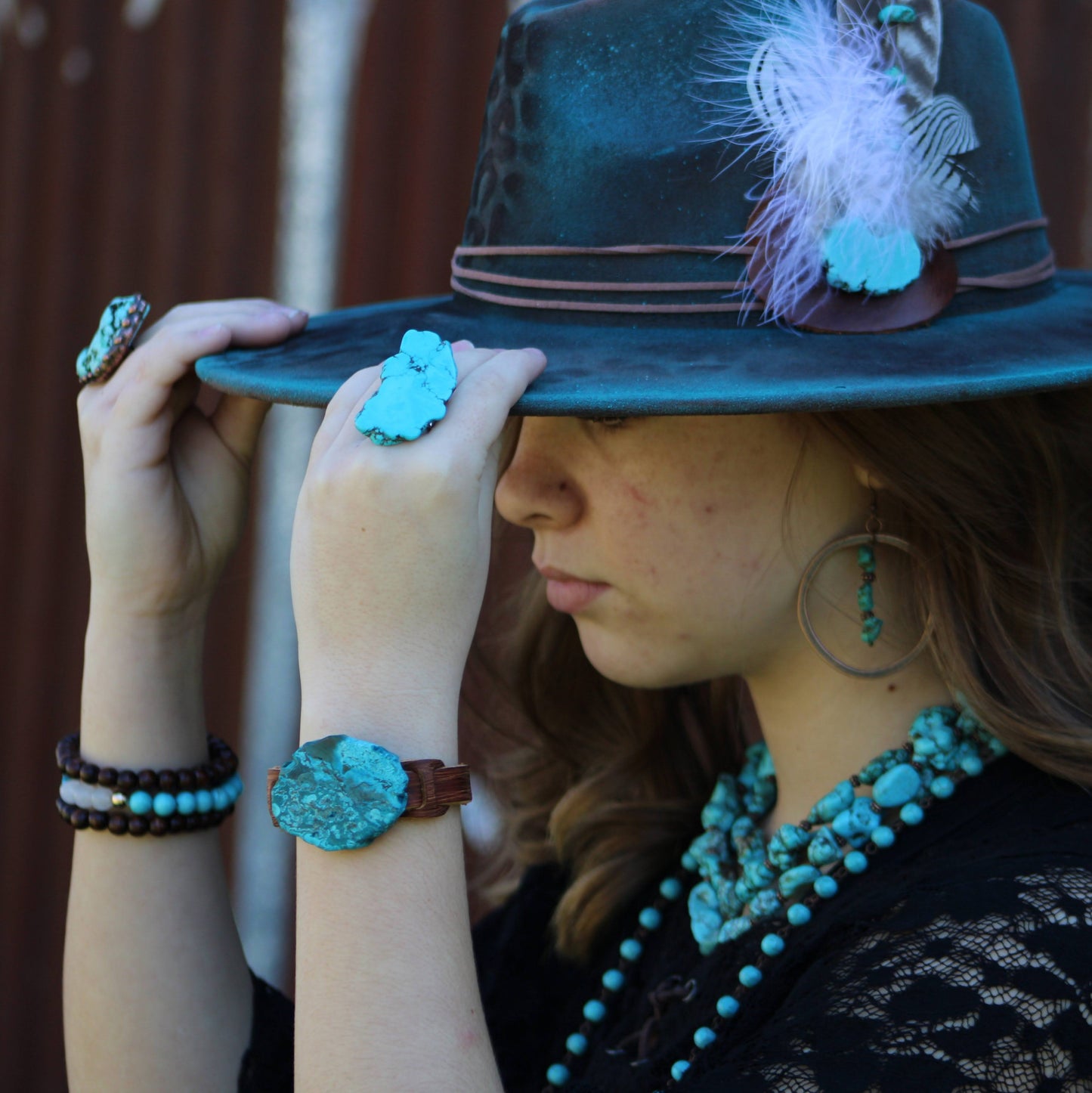 Copper Hoop Earrings w/ Blue Turquoise and Copper 201r