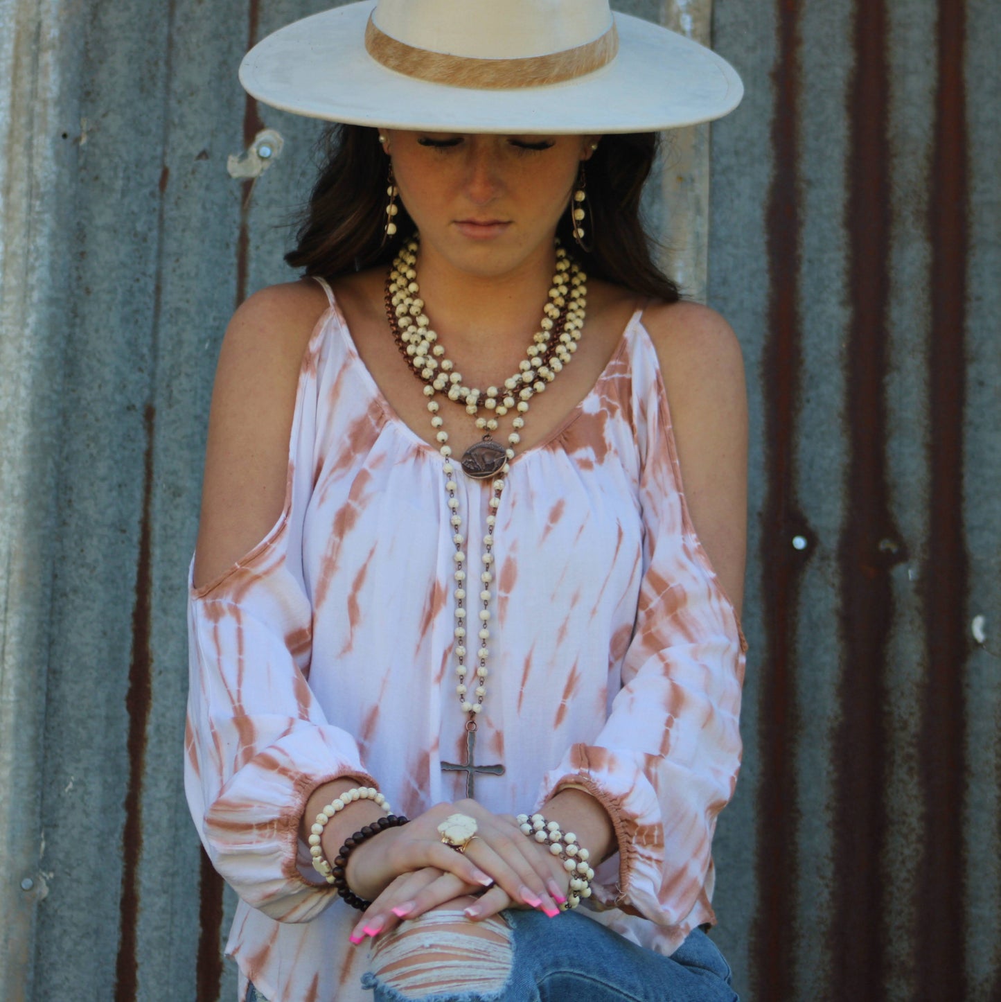 White Turquoise Long Beaded Necklace with Antique Copper Cross 255s