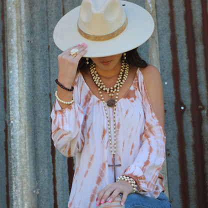 White Turquoise Long Beaded Necklace with Antique Copper Cross 255s