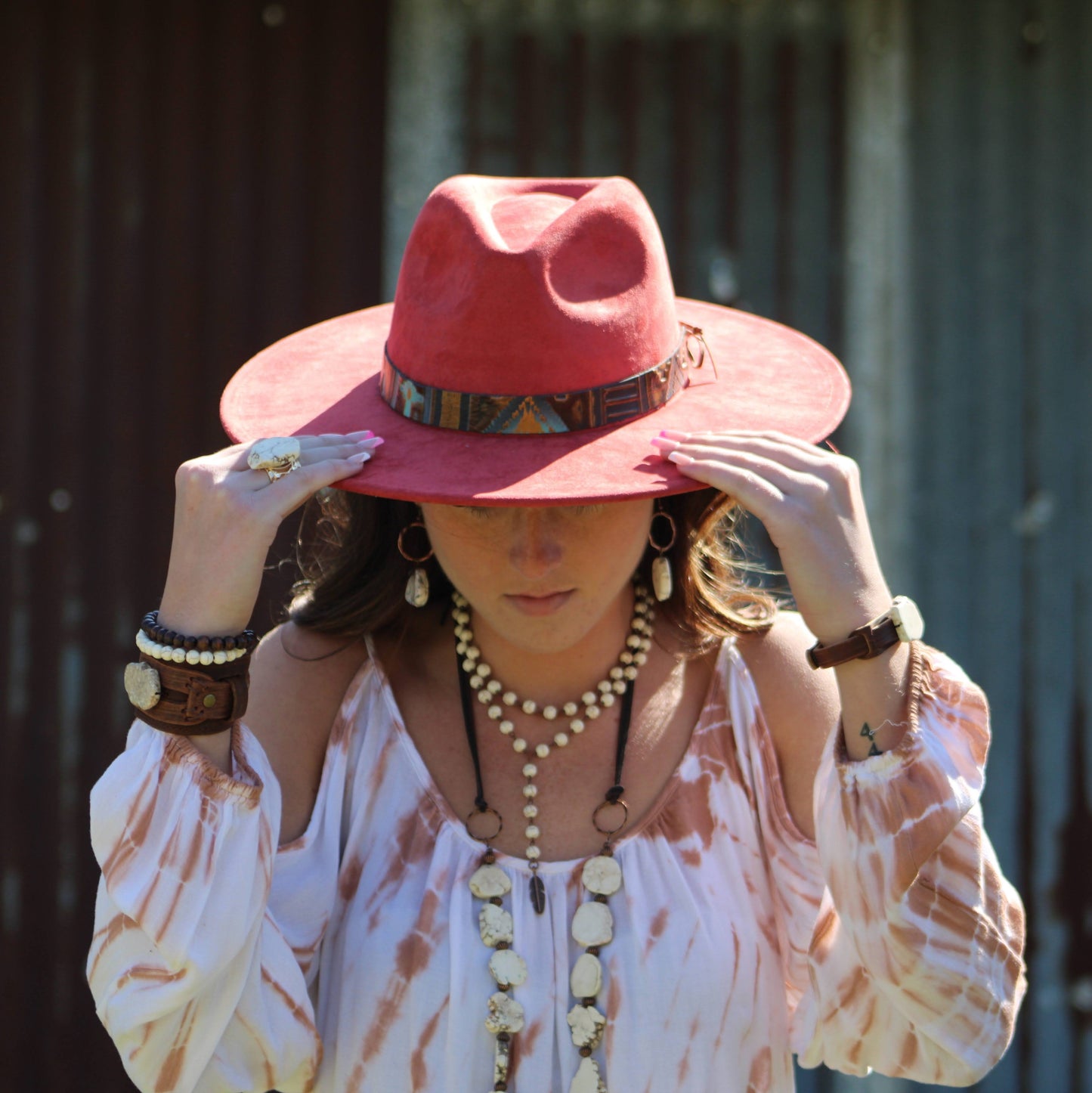 Double Strand Lariat White Turquoise Necklace w/ Copper Feather 259q