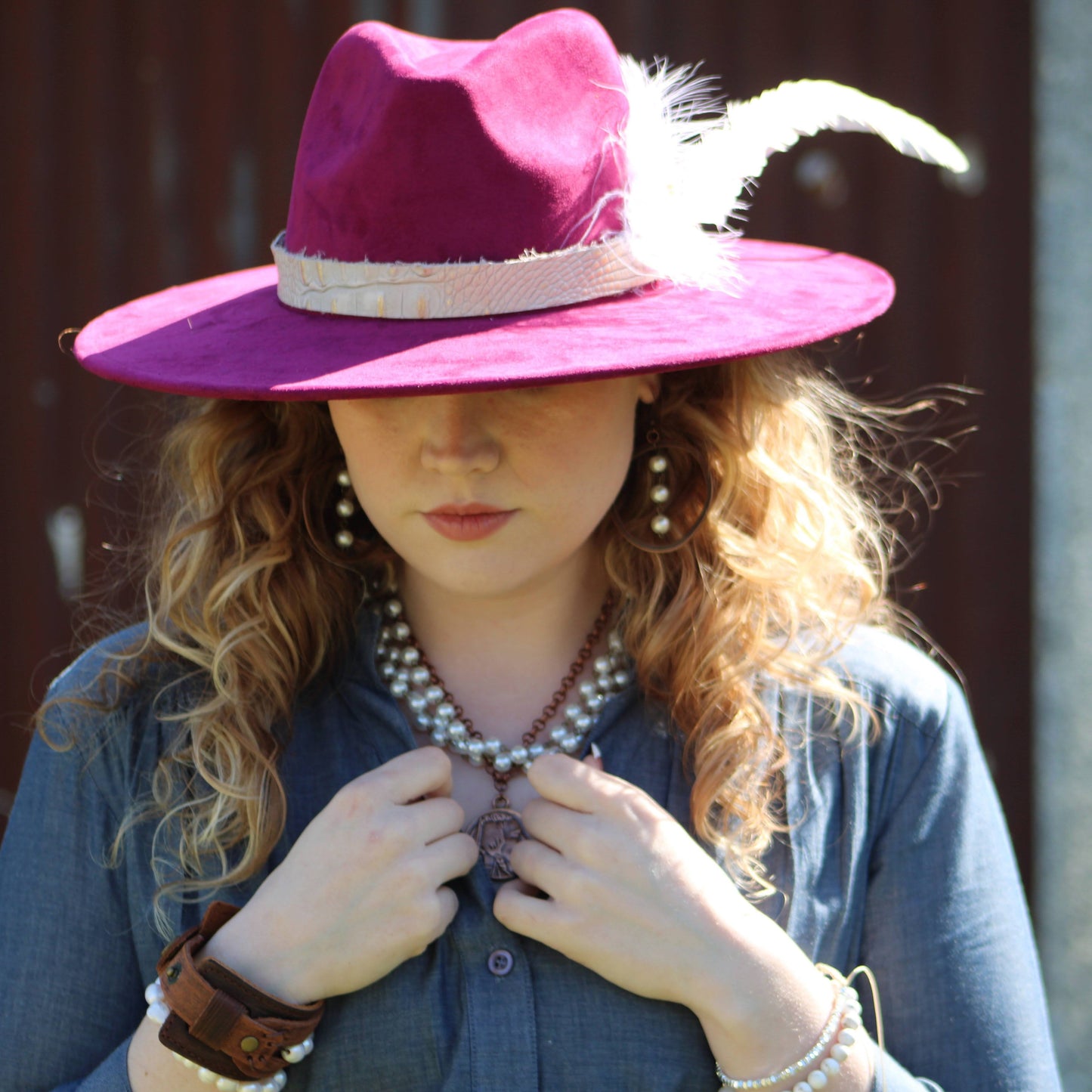 Western Copper Hoop Earrings w/ Glass Pearl Beads 217h