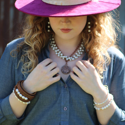 Genuine Leather Wide Cuff with Genuine Freshwater Pearls 004Y