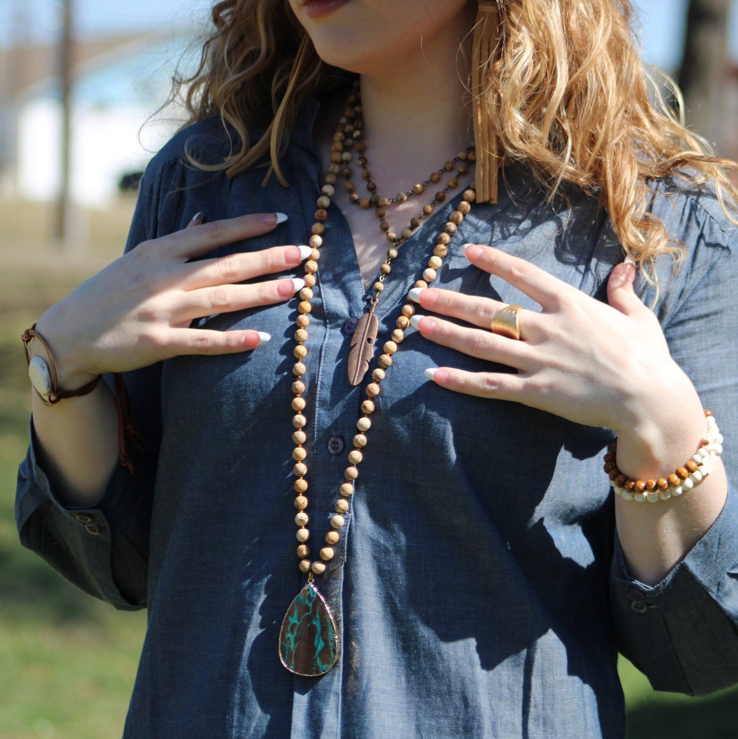 Bohemian Beaded Jasper Necklace with Ocean Agate Pendant 245u