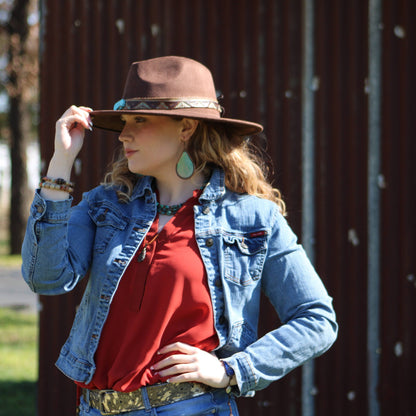 Boho Western Felt Hat w/ Choice of Leather Hat Band w/ Turquoise Slab-Brown 980h