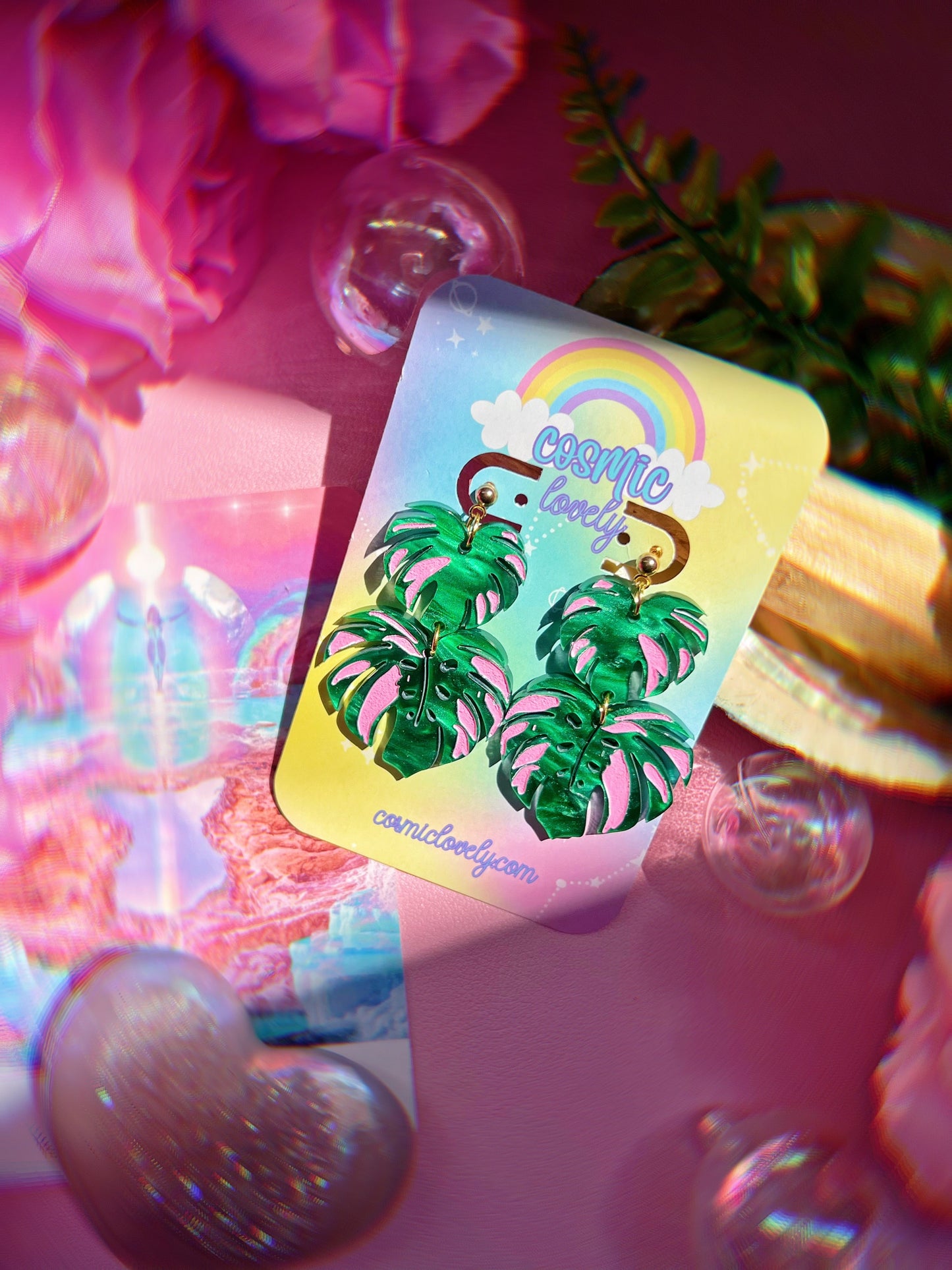 Pink Monstera Dangle Earrings