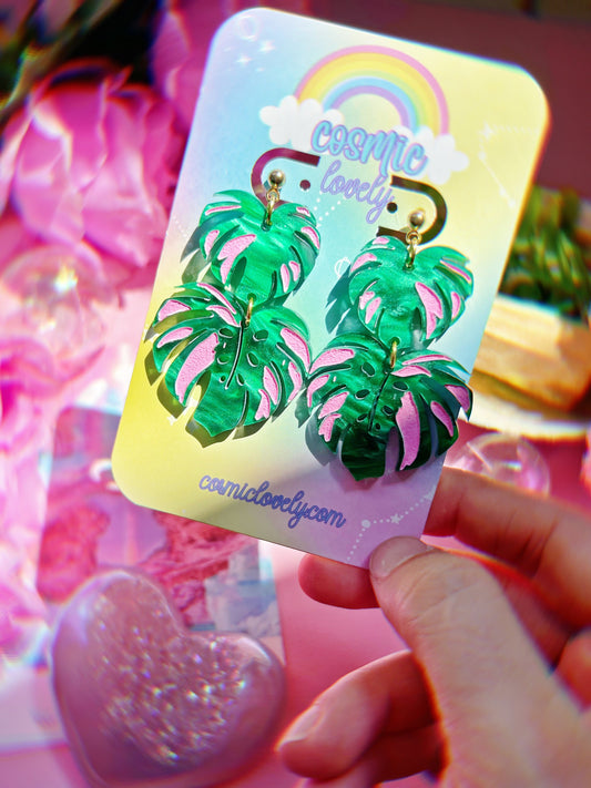 Pink Monstera Dangle Earrings