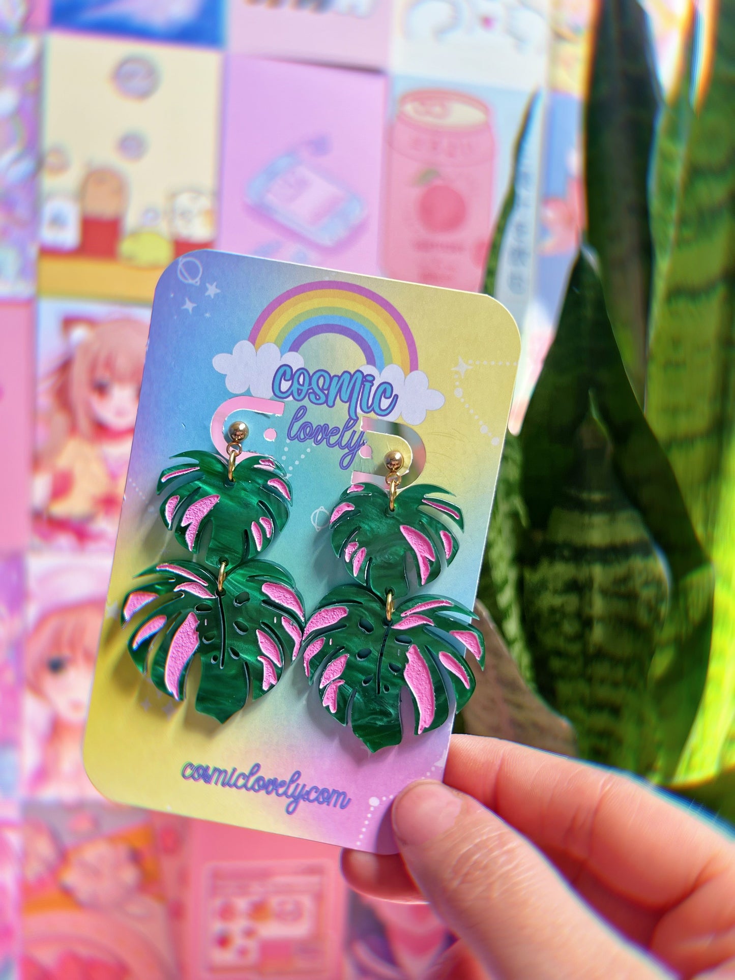 Pink Monstera Dangle Earrings