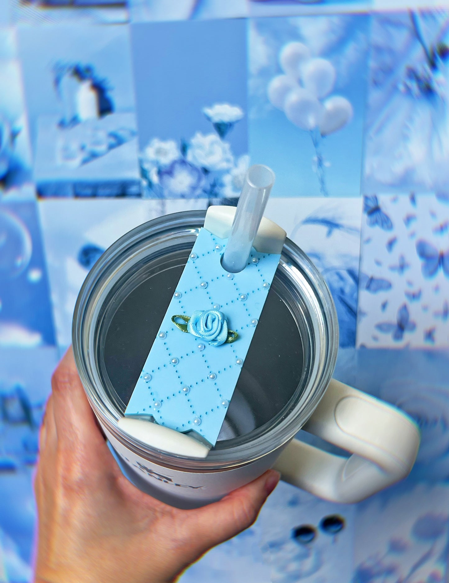 Coquette Quilted Pastel Blue Pearl H2.0 Cup Topper 40oz | 30oz | 20 oz