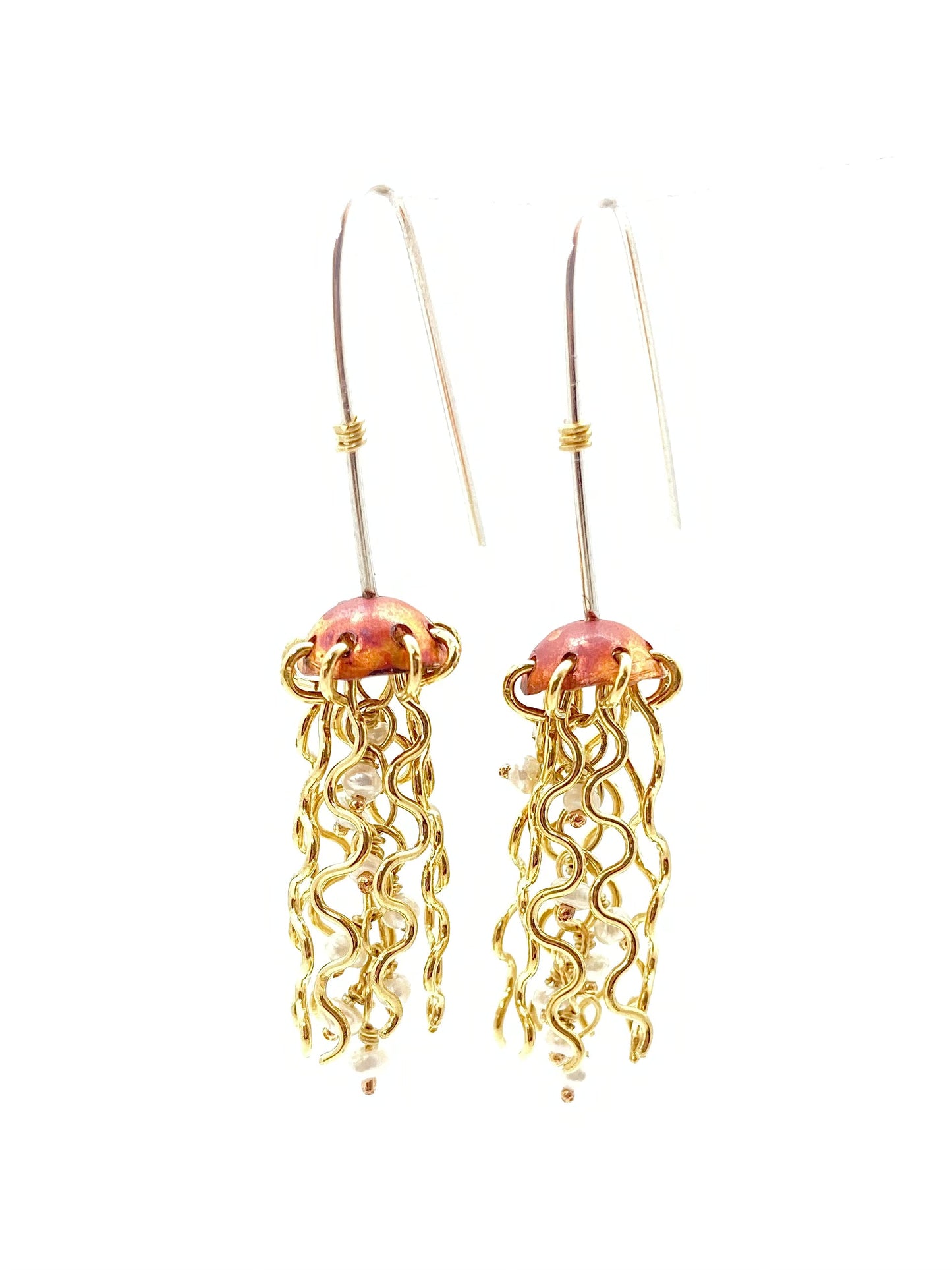 Mini Red Copper Jellyfish Earrings with White Pearls and Sterling Silver Earwires