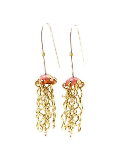 Mini Red Copper Jellyfish Earrings with White Pearls and Sterling Silver Earwires