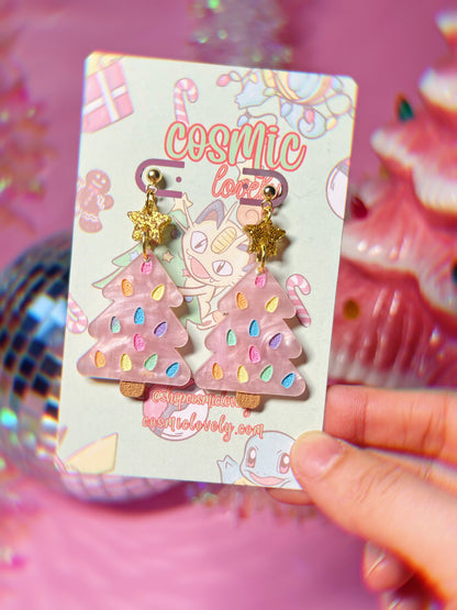 Pastel Pink Rainbow Christmas Tree Earrings