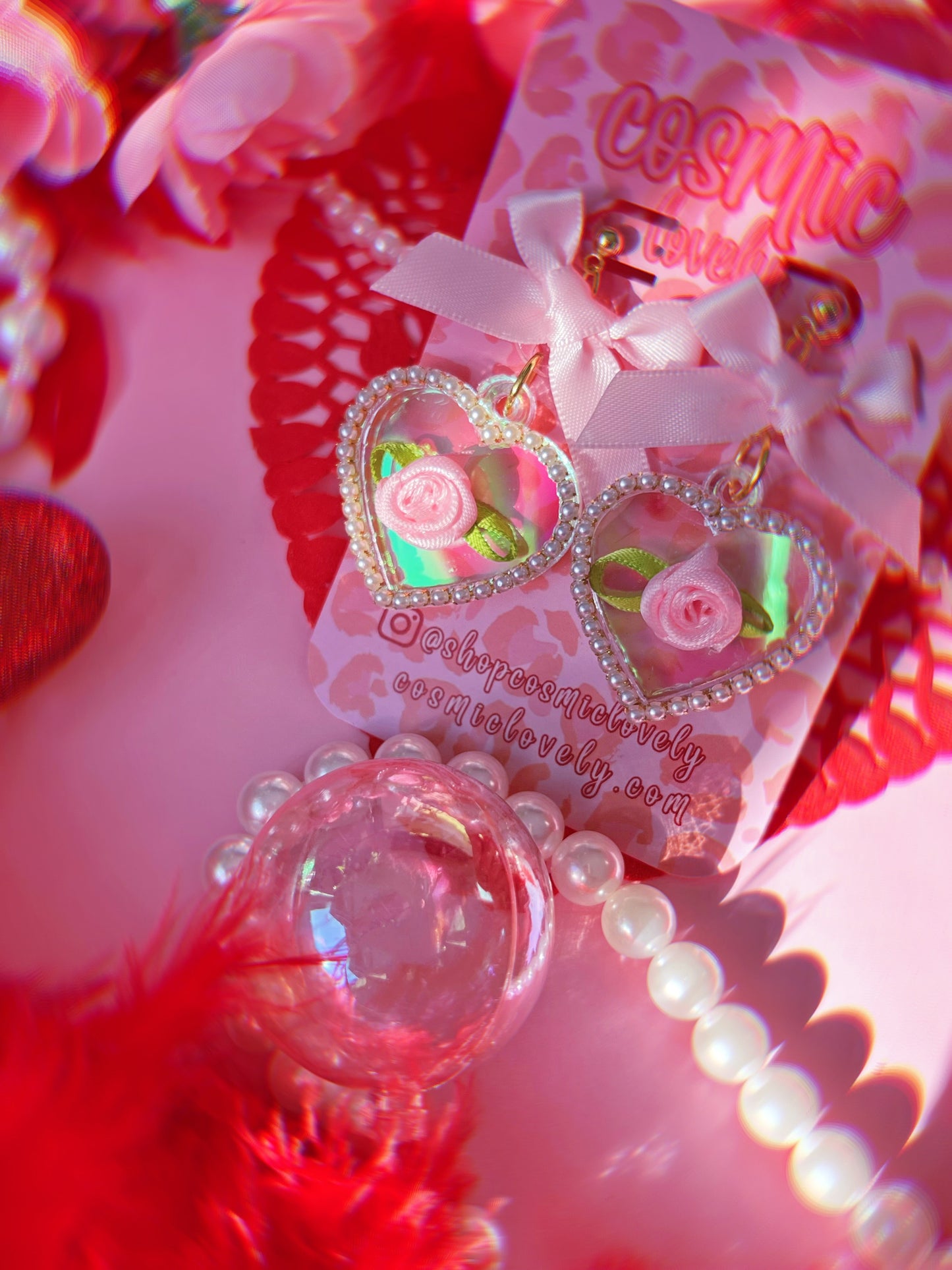 Iridescent Pink Bow Coquette Heart Earrings