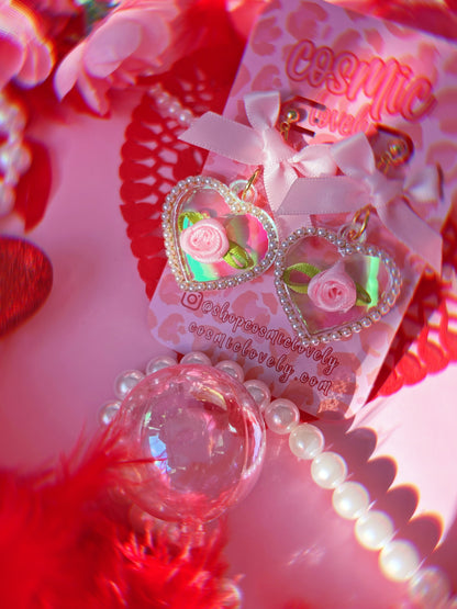 Iridescent Pink Bow Coquette Heart Earrings
