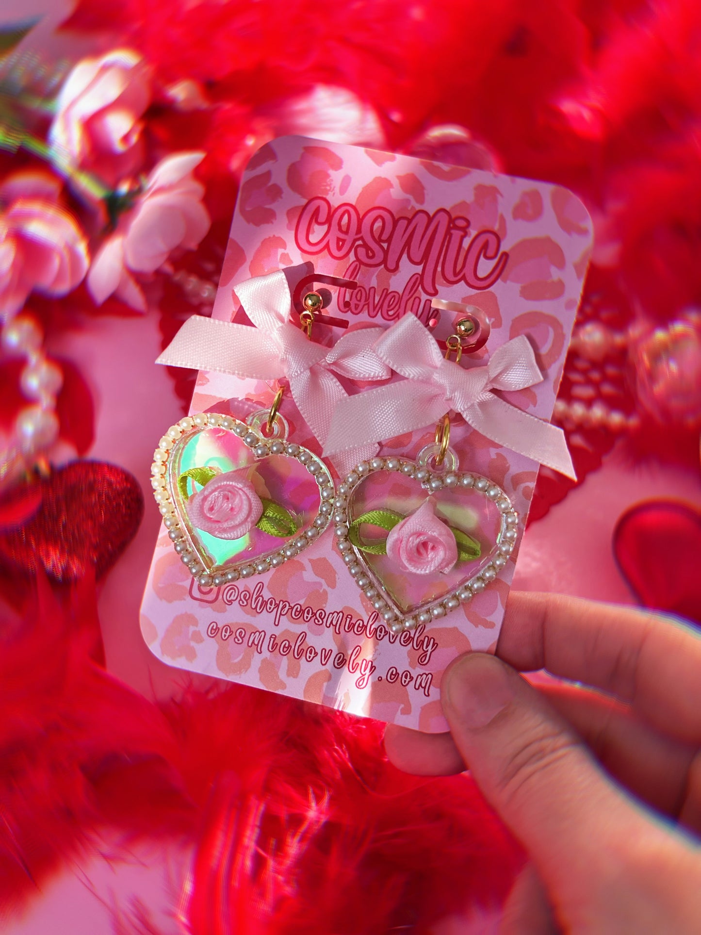 Iridescent Pink Bow Coquette Heart Earrings