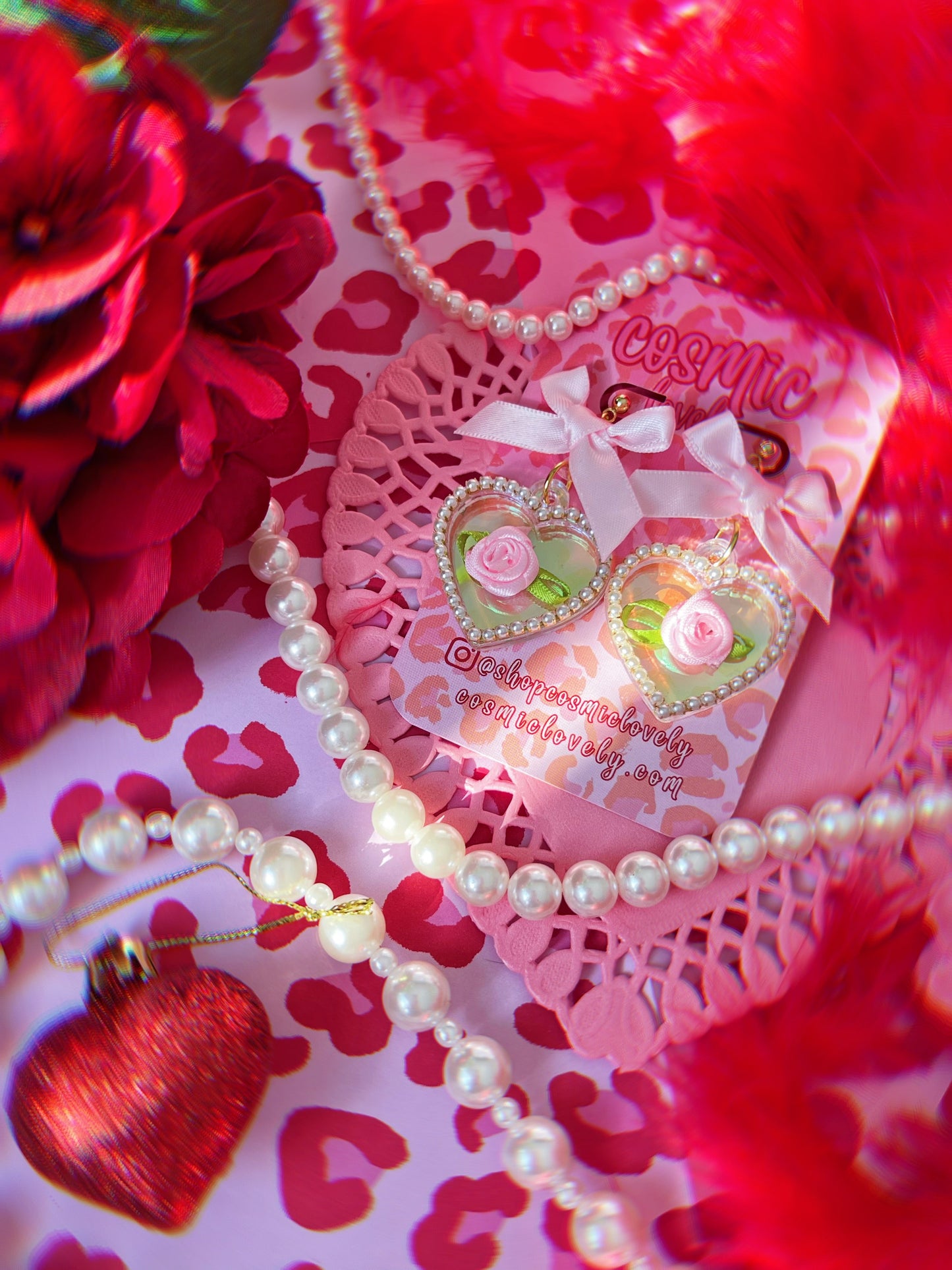 Iridescent Pink Bow Coquette Heart Earrings