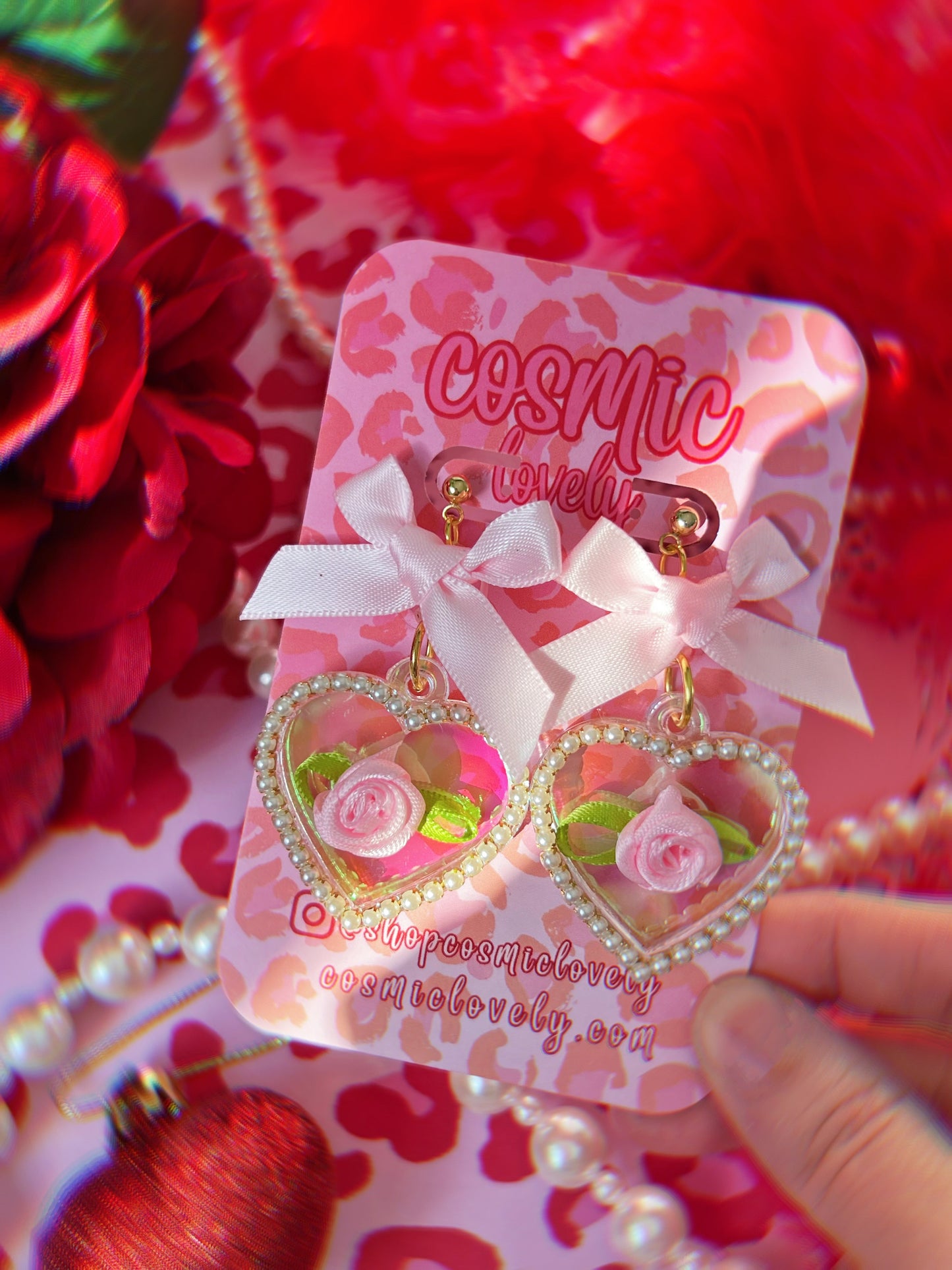 Iridescent Pink Bow Coquette Heart Earrings