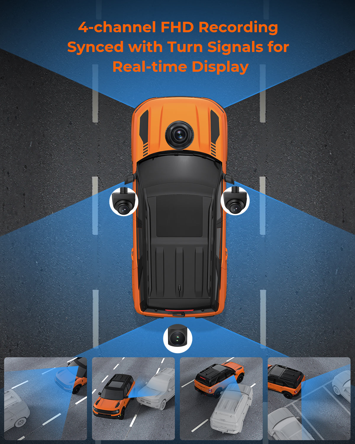 The Legend 4ch Waterproof Rear View Mirror Dash Cam with 1080P Front+ Rear+ Left/Right Side Cameras