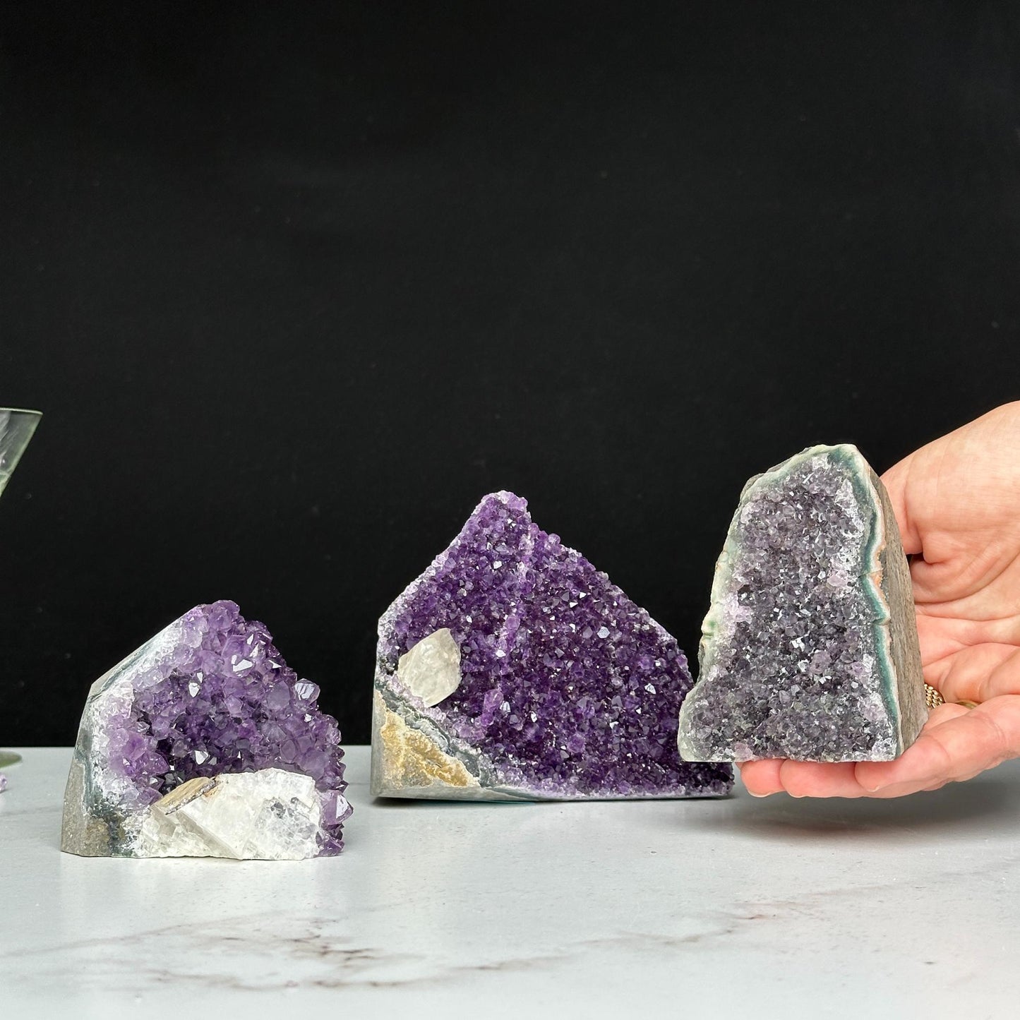 Amethyst geodes set on sale, Druzes Crystals with Cut Base, 3 pieces 3 Lbs