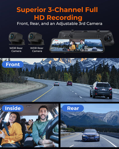 M4 3ch Mirror Dash Cam with 1080P 60fps Front+Rear+Bumper/Cabin Cameras, 12"IPS Touchscreen