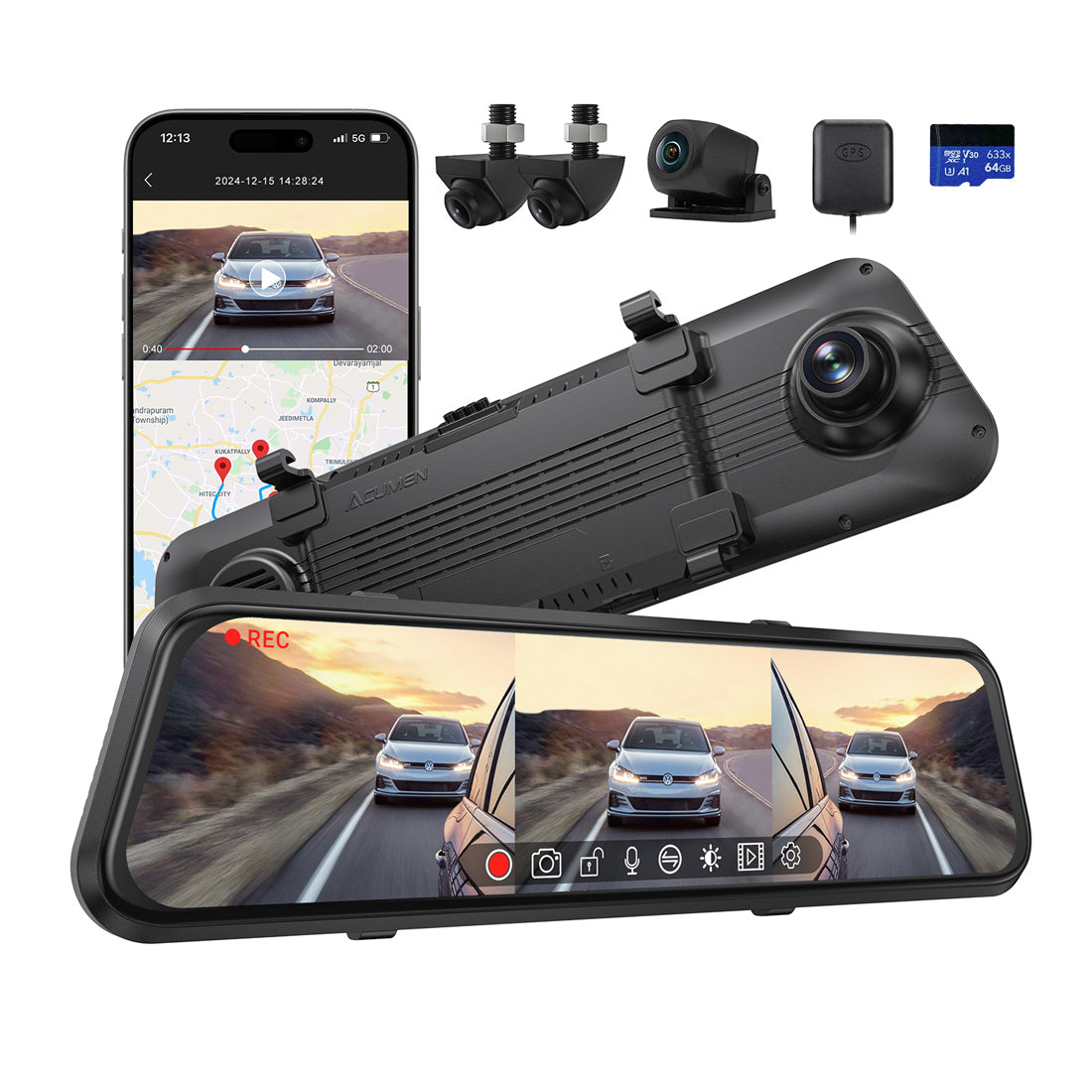M4 Quad Mirror Dash Cam with 1080P Front+Rear+Left/Right Side Cameras, 12"IPS Touchscreen