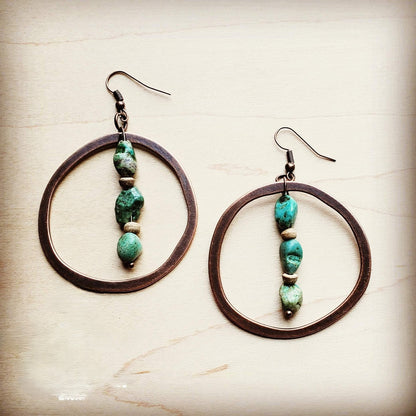 Copper Hoop Earrings in Natural Turquoise and Wood 201q