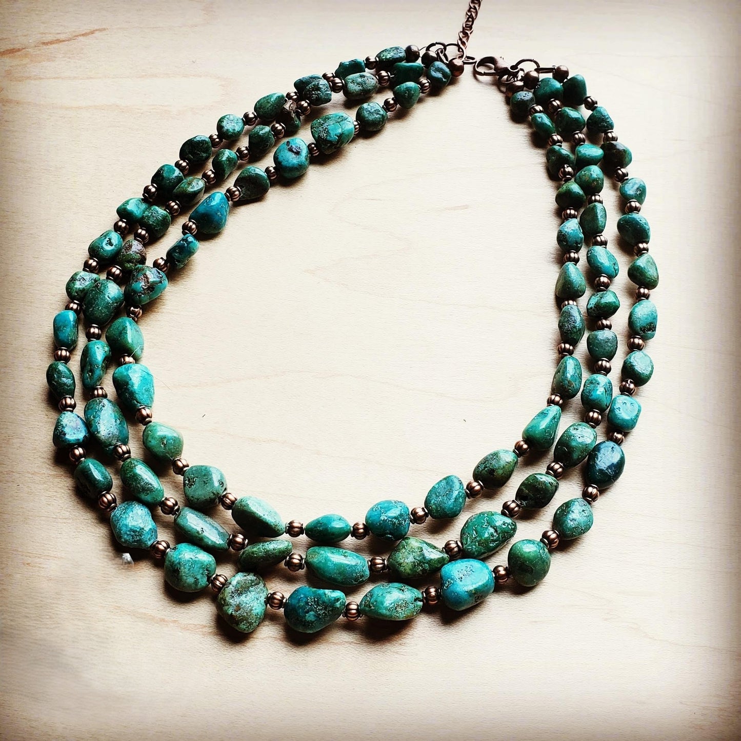 Triple Strand Natural Turquoise & Copper Collar Necklace 250n