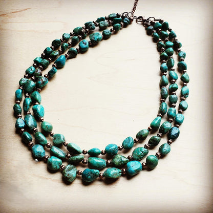 Triple Strand Natural Turquoise & Copper Collar Necklace 250n