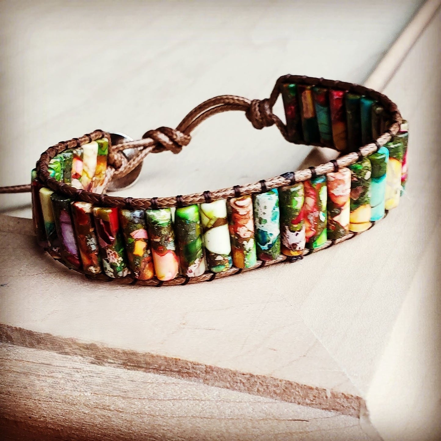 Woven Regalite Stacked Stone Bracelet-Multi 803s