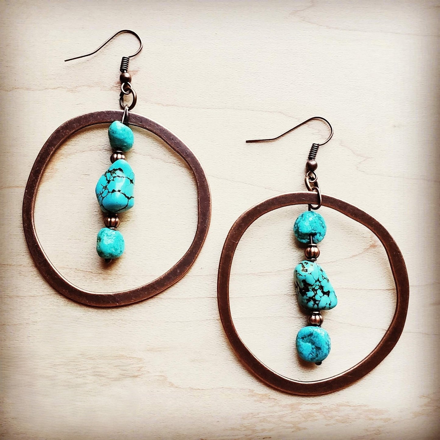 Copper Hoop Earrings w/ Blue Turquoise and Copper 201r