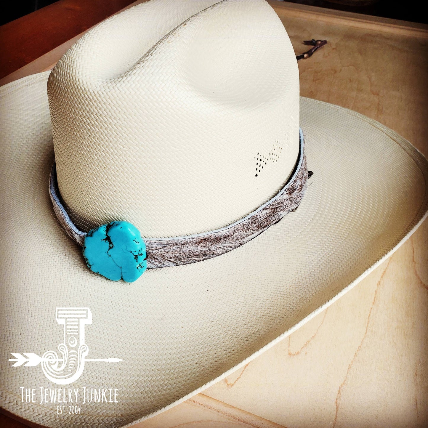 Spotted Hair-on-Hide Leather Hat Band Only w/ Turquoise Slab 950f