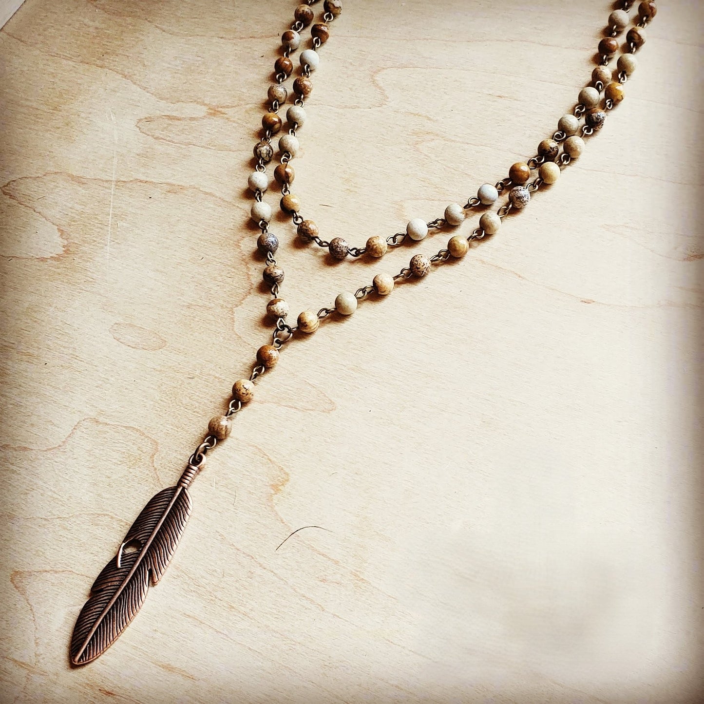 Double Strand Lariat Picture Jasper Necklace w/ Copper Feather 250u