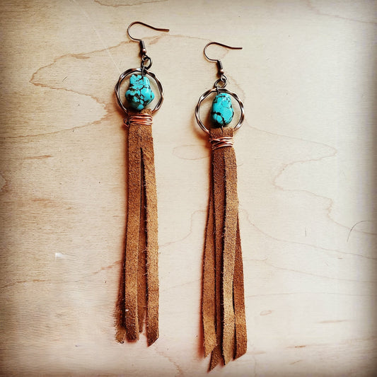 Turquoise Drop Earrings w/ Suede Leather Tassel 202s