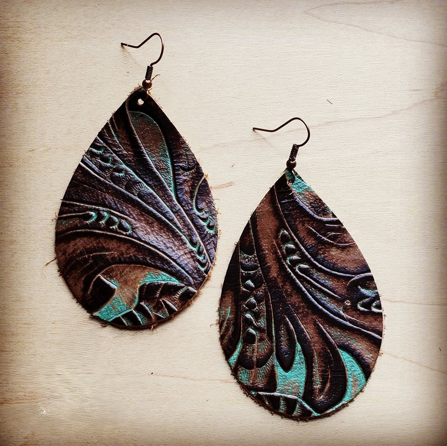 **Leather Teardrop Earrings in Turquoise Brown Floral 203d