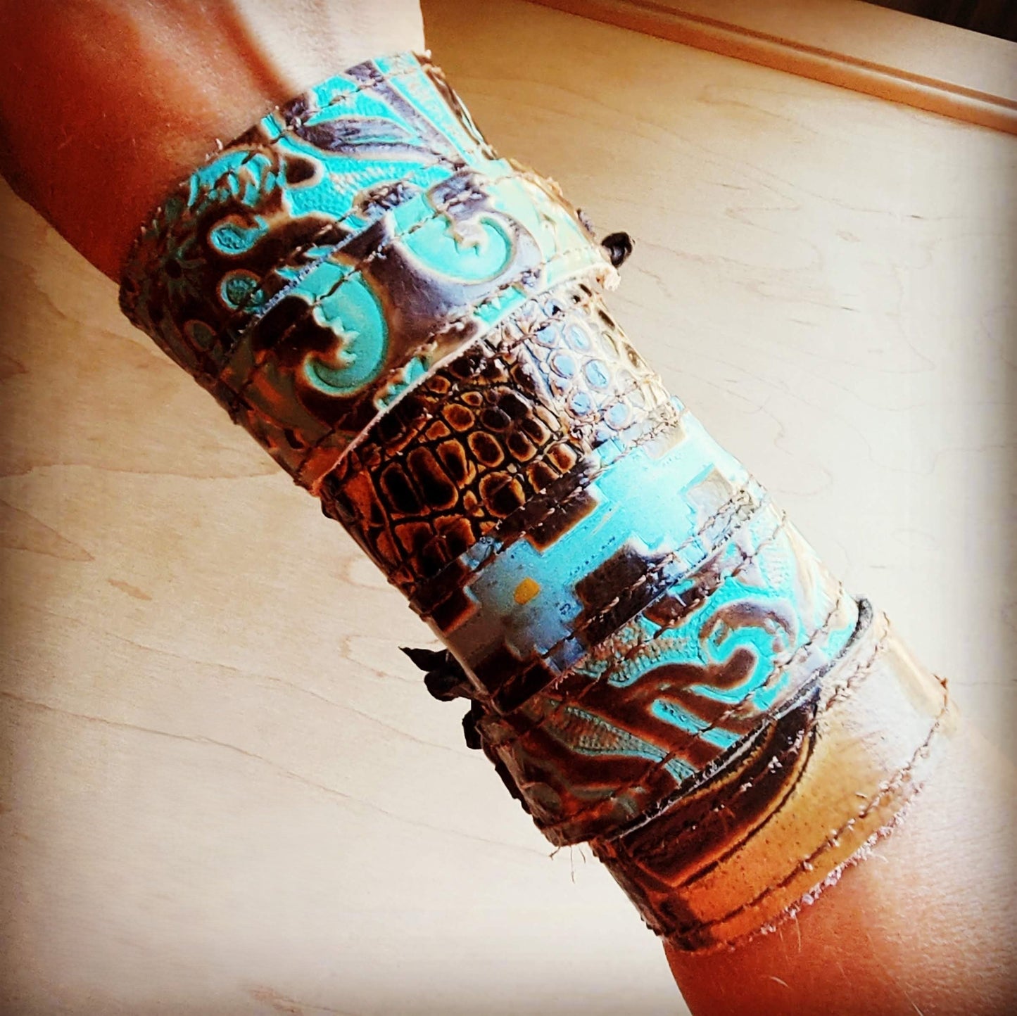 **Narrow Leather Cuff in Cowboy Turquoise w/ adjustable leather 001f