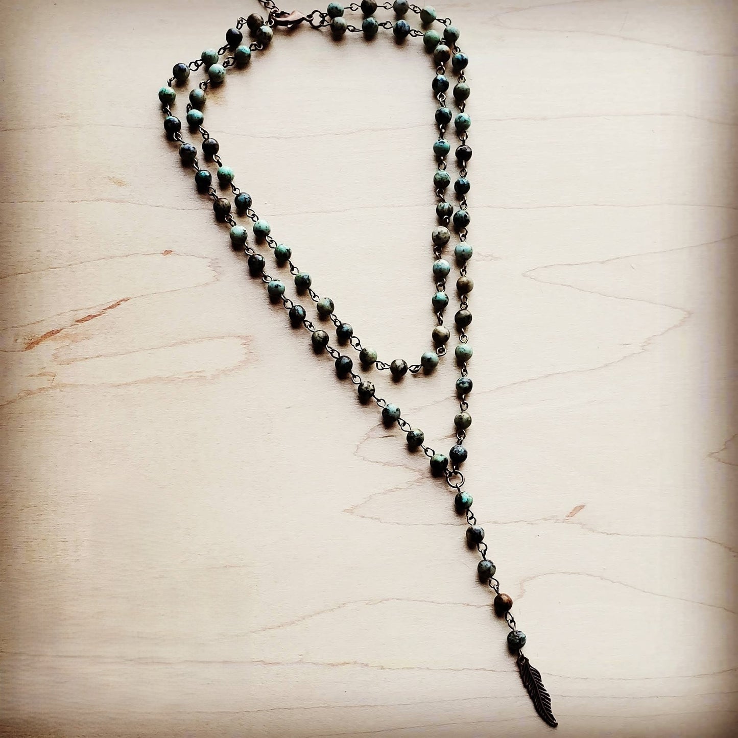 Double Strand Lariat African Turquoise Necklace w/ Copper Feather 251h