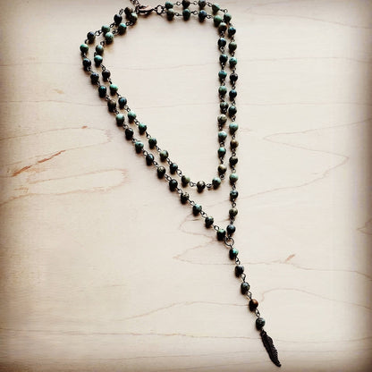 Double Strand Lariat African Turquoise Necklace w/ Copper Feather 251h
