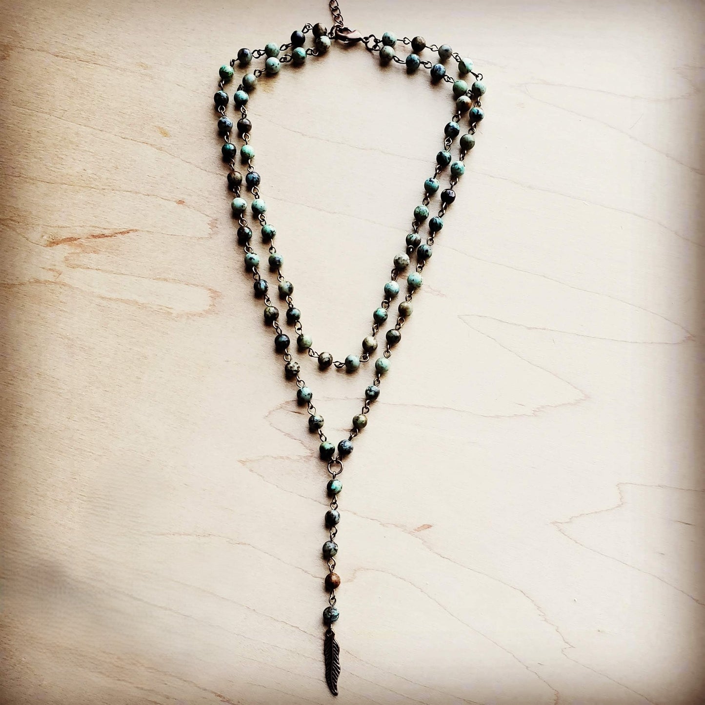 Double Strand Lariat African Turquoise Necklace w/ Copper Feather 251h