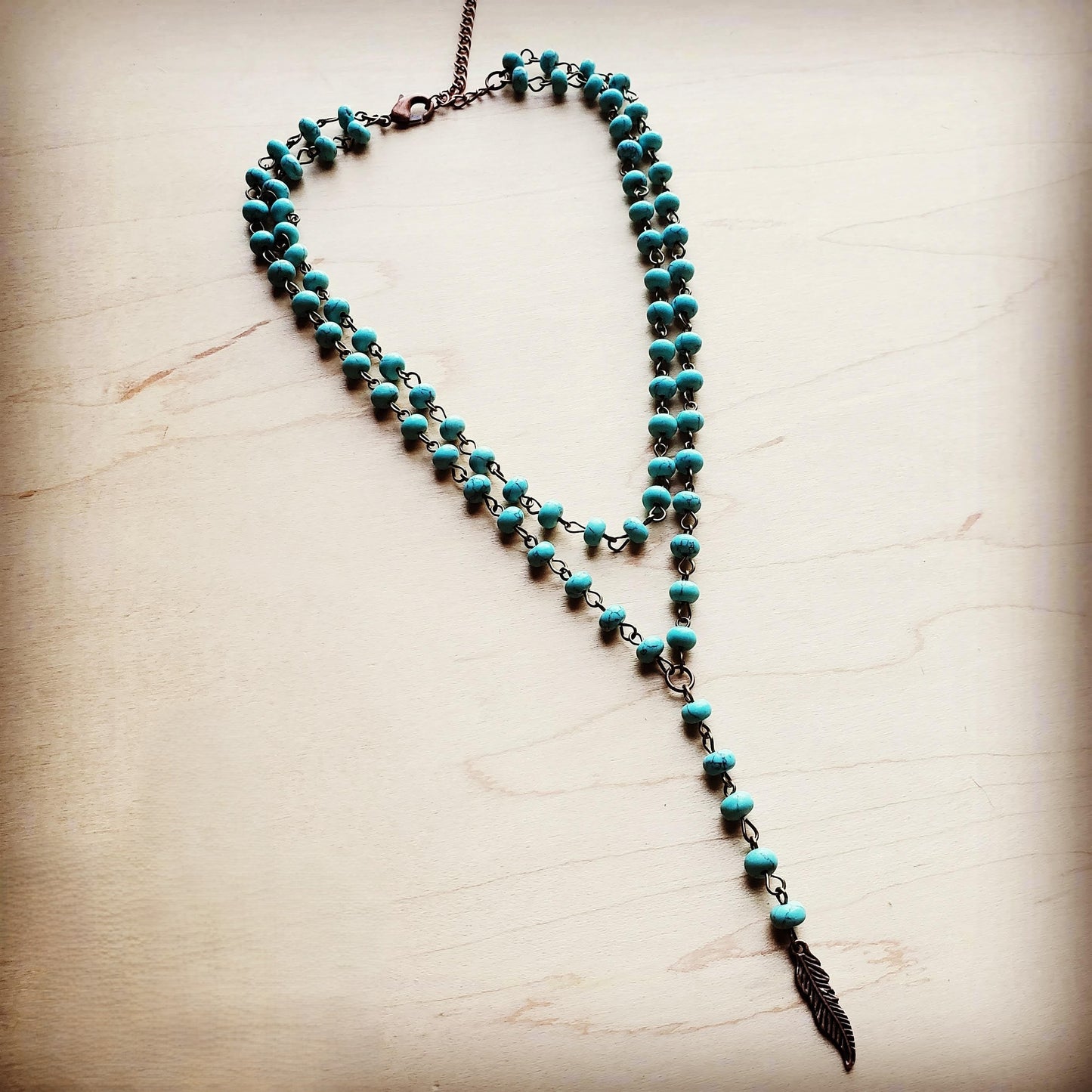 Double Strand Lariat Blue Turquoise Necklace w/ Copper Feather 251e