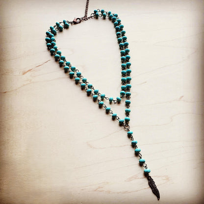 Double Strand Lariat Blue Turquoise Necklace w/ Copper Feather 251e