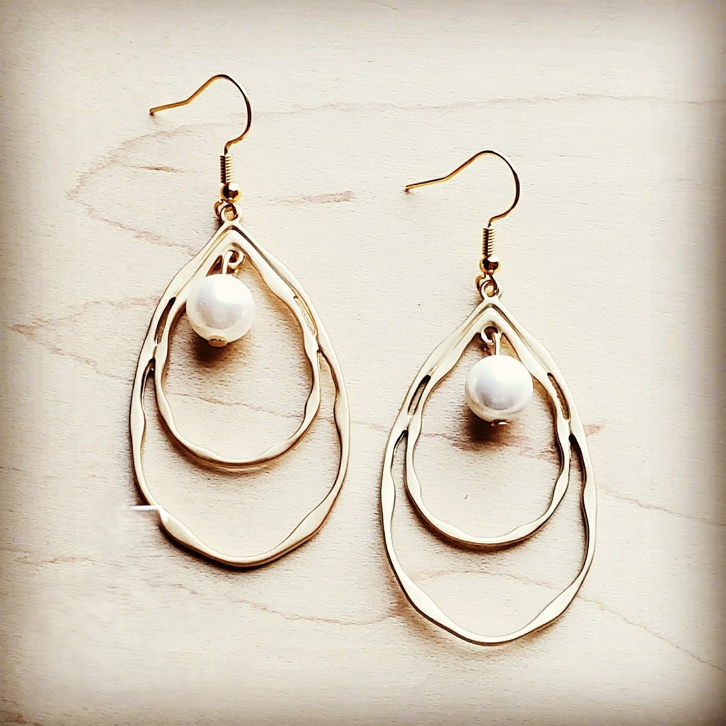 Matte Gold Double Hoop Earrings with Pearl Dangle 203t